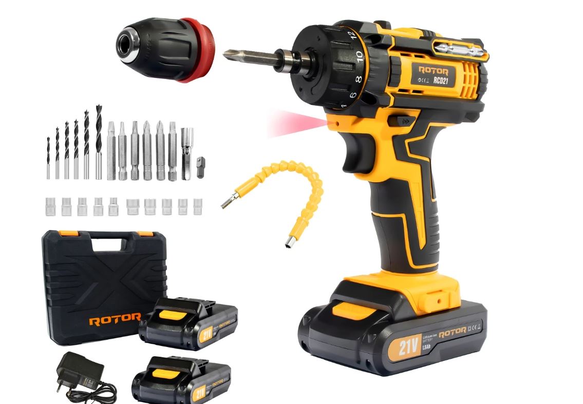 Trusa autofiletanta pe acumulator 21V ROTOR RCD21 + biti, 1350 RPM, Brushless
